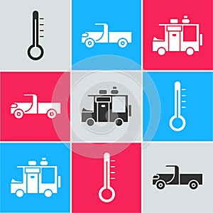 Set Meteorology thermometer, Pickup truck and Rv Camping trailer icon. Vector