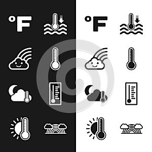 Set Meteorology thermometer, Rainbow with cloud, Fahrenheit, Water, Thermometer and moon, clouds and sun icon. Vector