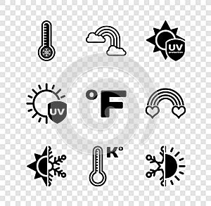 Set Meteorology thermometer, Rainbow with clouds, UV protection, Sun and snowflake, and Fahrenheit icon. Vector