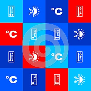 Set Meteorology thermometer, Sun and snowflake, Celsius and icon. Vector