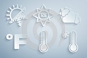 Set Meteorology thermometer, Thermometer and cloud, sun, Fahrenheit, UV protection and Sun snowflake icon. Vector