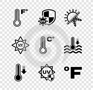 Set Meteorology thermometer, UV protection, Sun and snowflake, Fahrenheit, and icon. Vector