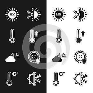 Set Meteorology thermometer, UV protection, Sun and snowflake, Rainbow with cloud, and icon. Vector