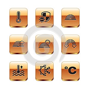 Set Meteorology thermometer, Water, Sun and snowflake, Rainbow with sun, cloud, Celsius and UV protection icon. Vector