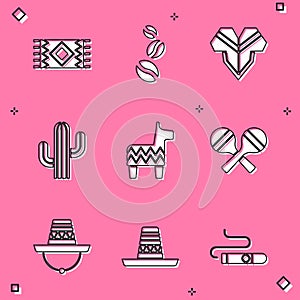 Set Mexican carpet, Coffee beans, Poncho, Cactus, Pinata, Maracas, sombrero and icon. Vector