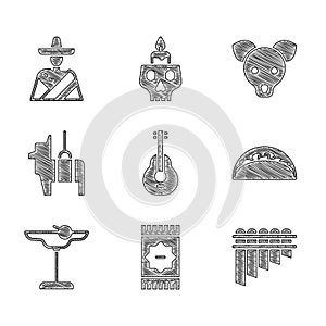 Set Mexican guitar, carpet, Pan flute, Taco with tortilla, Margarita cocktail, Pinata, Dog and man sombrero icon. Vector