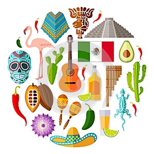 Set of Mexican icons in the flat style. Vector symbols and design elements.