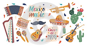 Set Of Mexican Musical Instruments. Maracas, Guitarron, Accordion, And Trumpet, Harp, Drum And Violin, Vector