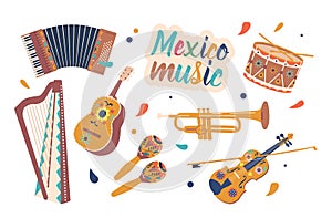 Set Of Mexican Musical Instruments Mariachi Trumpet, Vihuela or Guitarron. Harp, Accordion and Maracas