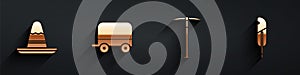 Set Mexican sombrero hat, Wild west covered wagon, Pickaxe and Feather pen icon with long shadow. Vector