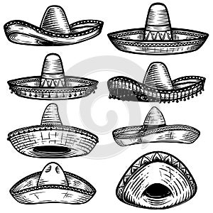 Set of Mexican sombrero in tattoo style isolated on white background. Design element for poster, t shit, card, emblem, sign, badge