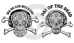 Set of mexican sugar skull with headphones and crossbones. DAY OF THE DEAD. Design element for poster, greeting card, banner, t sh