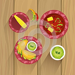 Set mexican traditional food with sauces and cob