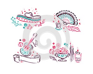 Set of Mexico theme decor compositions with traditional decor elements, sombrero, hand fan, candles, guitar, flower isolated.