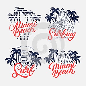 Set of Miami Beach and Surfing hand written lettering.