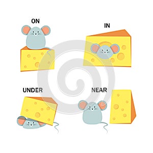 Set of mice with cheese and words on, under, near and in