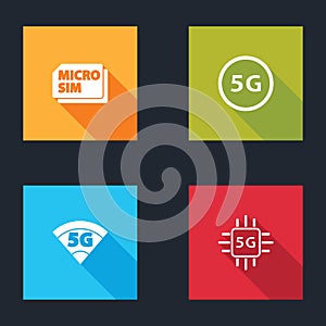 Set Micro Sim Card, 5G network, and Processor icon. Vector