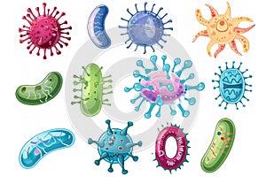 set of microbe and virus icons with a focus on common bacteria like E. coli and Staphylococcus aureus.