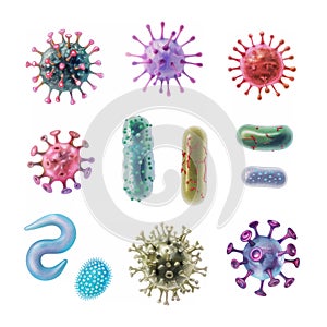 set of microbe and virus icons with a focus on common bacteria like E. coli and Staphylococcus aureus.