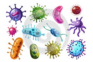 set of microbe and virus icons with a focus on common bacteria like E. coli and Staphylococcus aureus.