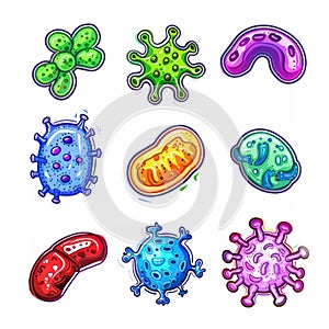 set of microbe and virus icons with a focus on common bacteria like E. coli and Staphylococcus aureus.
