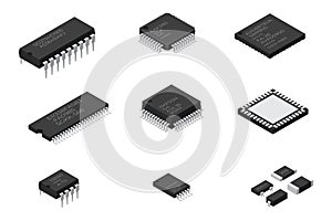 Set of microchip computer electronic components. Microchip icon. Computer processor technology. Micro processor. Collection of