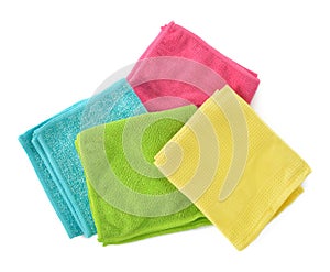 Set of microfiber cleaning cloths isolated on white. photo