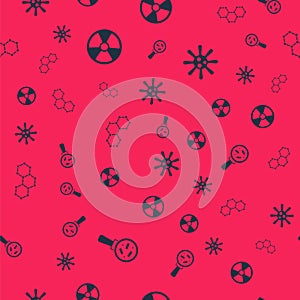 Set Microorganisms under magnifier, Radioactive, Chemical formula and Bacteria on seamless pattern. Vector