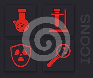 Set Microorganisms under magnifier, Test tube and flask chemical, Test tube flask on stand and Radioactive in shield