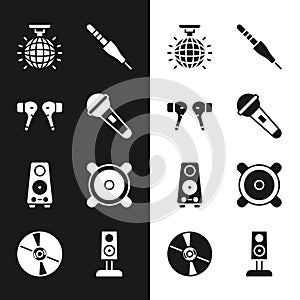 Set Microphone, Air headphones, Disco ball, Audio jack, Stereo speaker, and CD or DVD disk icon. Vector