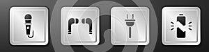 Set Microphone, Air headphones, Electric plug and Broken battery icon. Silver square button. Vector.