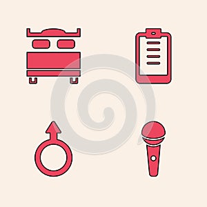 Set Microphone, Bedroom, Clipboard with checklist and Male gender symbol icon. Vector