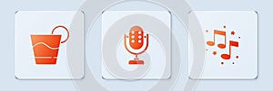 Set Microphone, Cocktail and Music note, tone. White square button. Vector