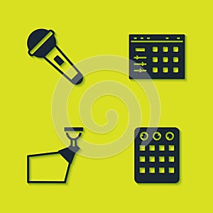 Set Microphone, Drum machine, Movie spotlight and icon. Vector