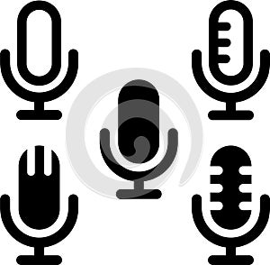 Set Microphone icons. Group Studio table mic. Collection Podcast radio symbol. Flat and line icon