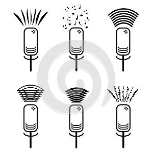 A set of microphone icons releasing a variety of sound waves. A image of microphones from which different sounds are erupte