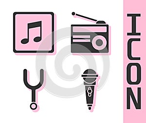 Set Microphone, Music note, tone, Musical tuning fork and Radio with antenna icon. Vector