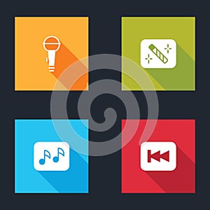 Set Microphone, Photo retouching, Music note, tone and Rewind button icon. Vector