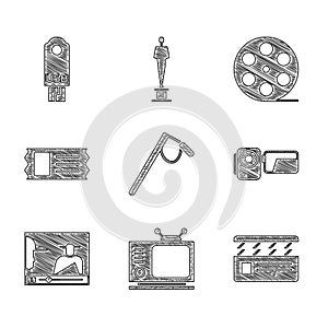 Set Microphone, Retro tv, Movie clapper, Cinema camera, Online play video, ticket, Film reel and USB flash drive icon