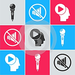 Set Microphone, Speaker mute and Head people with play button icon. Vector