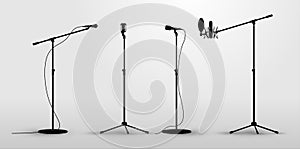 Set of microphones on counter. Flat design silhouette microphone, music icon, mic. Vector illustration. Isolated on white backgrou