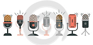 Set of microphones of different colors and shapes isolated on a white background. Vector microphone icons for podcast