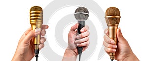 Set of microphones in hand isolated on white or transparent background. Close-up of a golden and gray microphones in