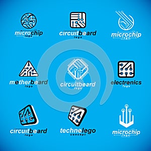 Set of microprocessor scheme abstract logotypes. Futuristic cybernetic vector motherboard. Digital elements, circuit board.
