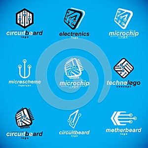 Set of microprocessor scheme abstract logotypes. Futuristic cybernetic vector motherboard. Digital elements, circuit board.