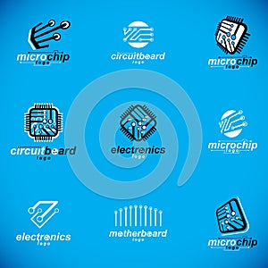 Set of microprocessor scheme abstract logotypes. Futuristic cybernetic vector motherboard. Digital elements, circuit board.