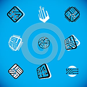 Set of microprocessor scheme abstract logotypes. Futuristic cybernetic vector motherboard. Digital elements, circuit board.