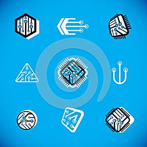 Set of microprocessor scheme abstract logotypes. Futuristic cybernetic vector motherboard. Digital elements, circuit board.