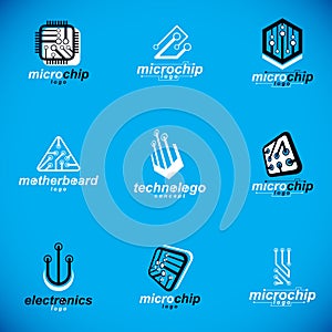 Set of microprocessor scheme abstract logotypes. Futuristic cybernetic vector motherboard. Digital elements, circuit board.