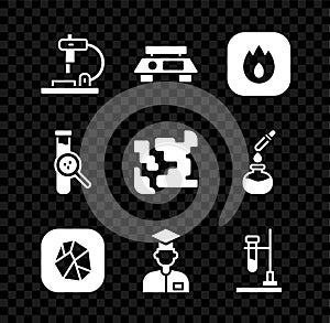 Set Microscope, Electronic scales, Fire flame, Salt stone, Laboratory assistant, Test tube flask fire, and and Gaseous